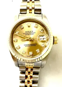 ROLEX DATEJUST LADY 18K GOLD & STEEL WATCH CHAMPAGNE FACTORY DIAMOND DIAL 69173