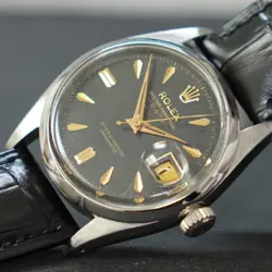 ROLEX OYSTER PERPETUAL DATE BLACK GILT DIAL VINTAGE MENS WATCH 34MM WORKING