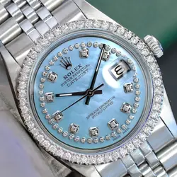 ROLEX DATEJUST UNISEX STAINLESS STEEL WATCH BLUE MOP DIAMOND DIAL & BEZEL 36MM
