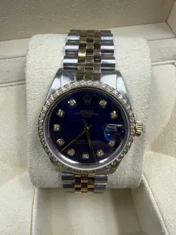 VINTAGE ROLEX DATEJUST 34MM TWO TONE JUBILEE BLUE DIAMOND DIAL BEZEL WATCH 1500