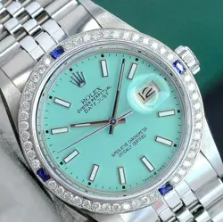 ROLEX DATEJUST WATCH UNISEX STAINLESS STEEL BLUE DIAL DIAMOND SAPPHIRE BEZEL