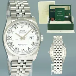 2010 PAPERS MINT ROLEX DATEJUST 36 116200 WHITE ROMAN JUBILEE STEEL 36MM WATCH