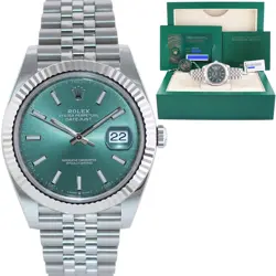 AUG 2025 NEW PAPERS ROLEX DATEJUST 41 MINT GREEN JUBILEE FLUTED 126334 WATCH BOX