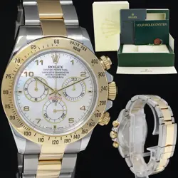 2015 MINT ROLEX DAYTONA 116523 MOTHER OF PEARL MOP YELLOW GOLD TWO TONE WATCH