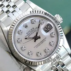 ROLEX DATEJUST LADIES MID-SIZE STAINLESS STEEL WATCH 18KW FLUTED BEZEL WHITE MOP