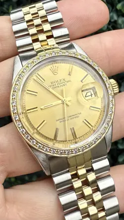 1970 ROLEX DATEJUST GOLD STEEL CHAMPAGNE DIAMOND BEZEL JUBILEE 36MM WATCH 1601