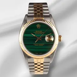 ROLEX 36MM DATEJUST 18K STEEL YELLOW GOLD MALACHITE DIAL WATCH 16013
