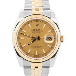 ROLEX DATEJUST 36MM CHAMPAGNE 18K GOLD FLUTED STEEL SUPER JUBILEE 116233 WATCH