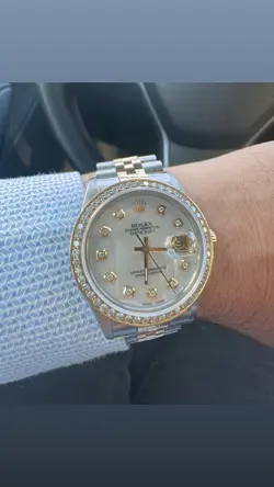 ROLEX DATEJUST 36 MM WHITE MOTHER OF PEARL DIAMOND DIAL  TWO TONE DIAMOND WATCH