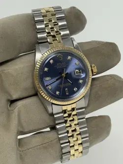 ROLEX DATEJUST 36MM 1601 CUSTOM BLUE DIAL G&S JUBILEE BRACELET WITH GOLD BEZEL