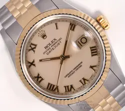 ROLEX DATEJUST 36MM TWO-TONE JUBILEE 18K GOLD FLUTED BEZEL IVORY ROMAN DIAL
