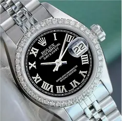 ROLEX DATEJUST STAINLESS STEEL WATCH BLACK ROMAN NUMERAL DIAL DIAMOND BEZEL