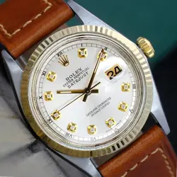 ROLEX DATEJUST TWOTONE MENS WATCH SILVER DIAMOND DIAL FLUTED BROWN LEATHER BAND