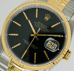 ROLEX 16233 DATEJUST 36MM TWO-TONE STEEL YELLOW GOLD BLACK TAPESTRY DIAL JUBILEE