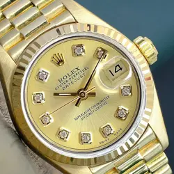 ROLEX LADIES DATEJUST GOLD WATCH CHAMPAGNE DIAMOND DIAL FLUTED PRESIDENT 69178