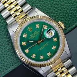 ROLEX MENS DATEJUST 18K GOLD & STEEL GREEN DIAMOND DIAL FLUTED BEZEL WATCH 16013
