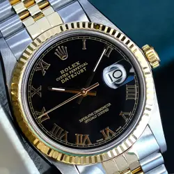 ROLEX DATEJUST MENS TWOTONE WATCH BLACK ROMAN DIAL FLUTED JUBILEE BAND 36MM