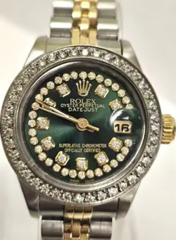ROLEX LADIES DATE OYSTER STAINLESS GOLD DIAMOND DIAL BEZEL WATCH