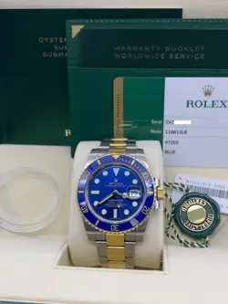 ROLEX SUBMARINER 116613LB 40MM BLUE CERAMIC 18K YELLOW GOLD STEEL BOX PAPER