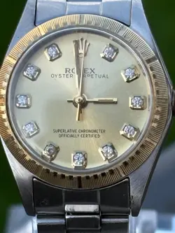 ROLEX OYSTER PERPETUAL LADIES WATCH_GOLD DIAL & DIAMOND MARKERS_SERVICED