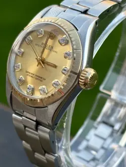 ROLEX OYSTER PERPETUAL LADIES WATCH_GOLD DIAL & DIAMOND MARKERS_SERVICED