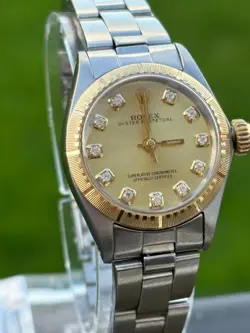 ROLEX OYSTER PERPETUAL LADIES WATCH_GOLD DIAL & DIAMOND MARKERS_SERVICED