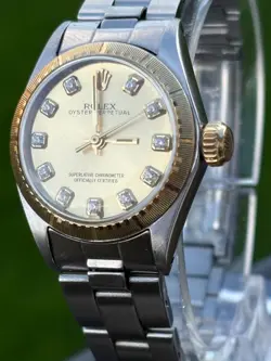 ROLEX OYSTER PERPETUAL LADIES WATCH_GOLD DIAL & DIAMOND MARKERS_SERVICED