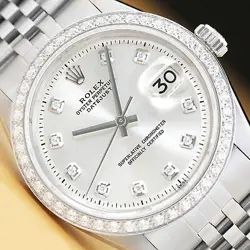 MENS ROLEX DATEJUST SILVER DIAL 18K WHITE GOLD DIAMOND BEZEL & STEEL WATCH