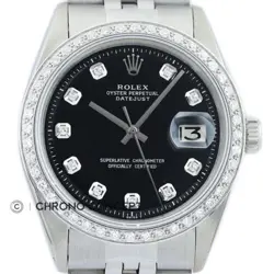 MENS ROLEX DIAMOND DATEJUST 18K WHITE GOLD & STAINLESS STEEL BLACK DIAL WATCH