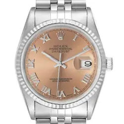 ROLEX DATEJUST 36 STEEL WHITE GOLD SALMON ROMAN DIAL MENS WATCH 16234