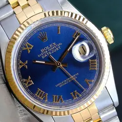 ROLEX DATEJUST MENS TWOTONE WATCH BLUE ROMAN DIAL FLUTED BEZEL JUBILEE BAND 36MM