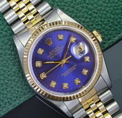 ROLEX DATEJUST TWO-TONE MENS WATCH BLUE DIAMOND DIAL FLUTED BEZEL JUBILEE BAND
