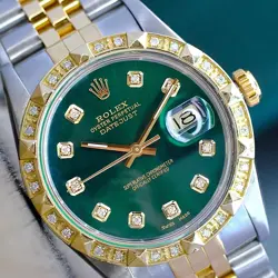 ROLEX DATEJUST TWOTONE MENS WATCH GREEN DIAMOND DIAL & BEZEL JUBILEE BAND 16233