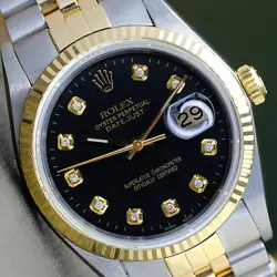 ROLEX DATEJUST MENS WATCH 18KY & SS BLACK DIAMOND DIAL JUBILEE BAND 16233