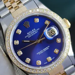 ROLEX DATEJUST MENS TWO TONE WATCH BLUE DIAL DIAMOND BEZEL JUBILEE BAND 16233