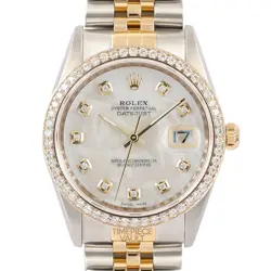 ROLEX DATEJUST 16233 18K GOLD & STEEL 36MM WHITE MOP DIAMOND DIAL DIAMOND BEZEL