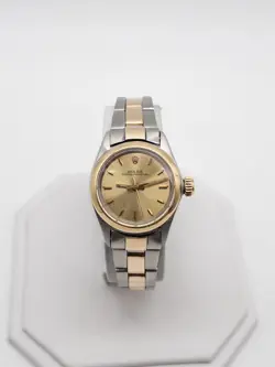 $9000 ROLEX OYSTER PERPETUAL CHAMPAGNE 18K YELLOW GOLD SS LADIES WATCH SERVICED