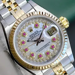 ROLEX DATEJUST TWO TONE WATCH WHITE MOP RUBY & DIAMOND DIAL JUBILEE 26MM 69173