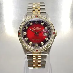 ROLEX DATEJUST 36MM YELLOW GOLD STEEL CUSTOM BEZEL RED DIAMOND DIAL WATCH 16233
