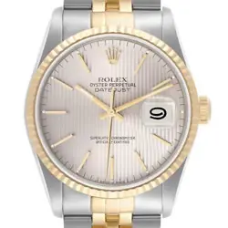 ROLEX DATEJUST 36 STEEL YELLOW GOLD SILVER TAPESTRY DIAL MENS WATCH 16233