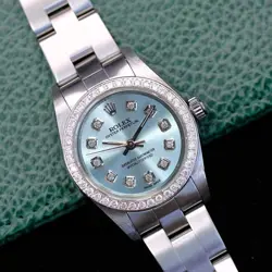ROLEX WOMENS OYSTER PERPETUAL STAINLESS STEEL WATCH ICE BLUE DIAMOND DIAL BEZEL