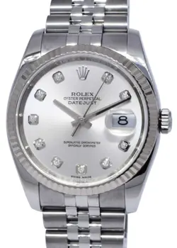 ROLEX DATEJUST STEEL & 18K WHITE GOLD BEZEL DIAMOND DIAL 36MM WATCH G 116234