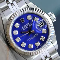 ROLEX LADIES DATEJUST STEEL BLUE DIAMOND DIAL FLUTED BEZEL 26MM WATCH 69174
