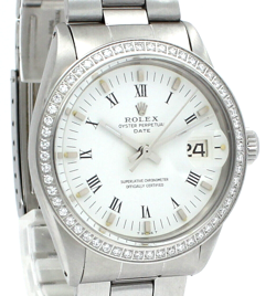 Men VINTAGE Rolex Oyster Perpetual Date Steel Diamond White Roman Buckley 34mm