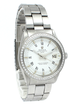 Men VINTAGE Rolex Oyster Perpetual Date Steel Diamond White Roman Buckley 34mm