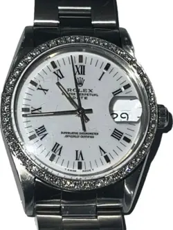 Men VINTAGE Rolex Oyster Perpetual Date Steel Diamond White Roman Buckley 34mm