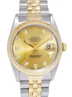 ROLEX DATEJUST 18K YELLOW GOLD/STEEL CHAMPAGNE DIAMOND DIAL 36MM WATCH Y 16233