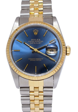 ROLEX DATEJUST 18K YELLOW GOLD/STEEL BLUE DIAL MENS 36MM WATCH L 16233