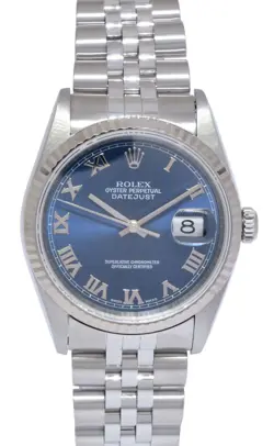ROLEX DATEJUST STEEL & 18K WHITE GOLD BEZEL BLUE ROMAN DIAL 36MM WATCH U 16234
