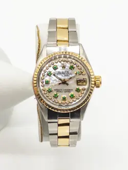 ESTATE $10,000 ROLEX DATEJUST EMERALD DIAMOND 18K YELLOW GOLD SS LADIES WATCH